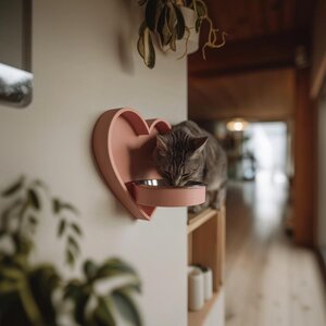 Herzförmiger Wandhalter für Napf | 3D-gedruckter erhöhter Futterrahmen für Katzen oder kleine Hunde | Süße Fütterungsstation, Wanddeko-Napfhalter