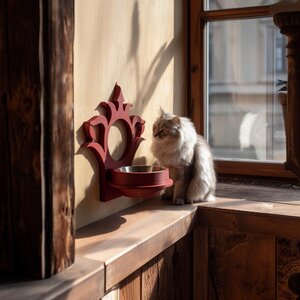 Gotischer Wand-Napfhalter für Haustiere | 3D-gedrucktes erhöhtes Futterrahmen-Gestell für Katzen- & Kleinhundenäpfe | Fantasy-Wohndeko, Fütterungsstation