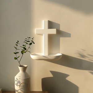3D-gedrucktes Kreuz-Wandregal | Minimalistisches Gebetsecken-Dekor | Moderne Schwebeablage für gemütliches Zuhause und Kapellen-Interieur