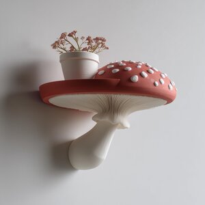 3D-gedrucktes Fliegenpilz-Wandregal | Fantasievolles Schwebendes Pilz-Display | Magisches 3D-gedrucktes Accessoire für Cottagecore und Gemütliche Interieurs